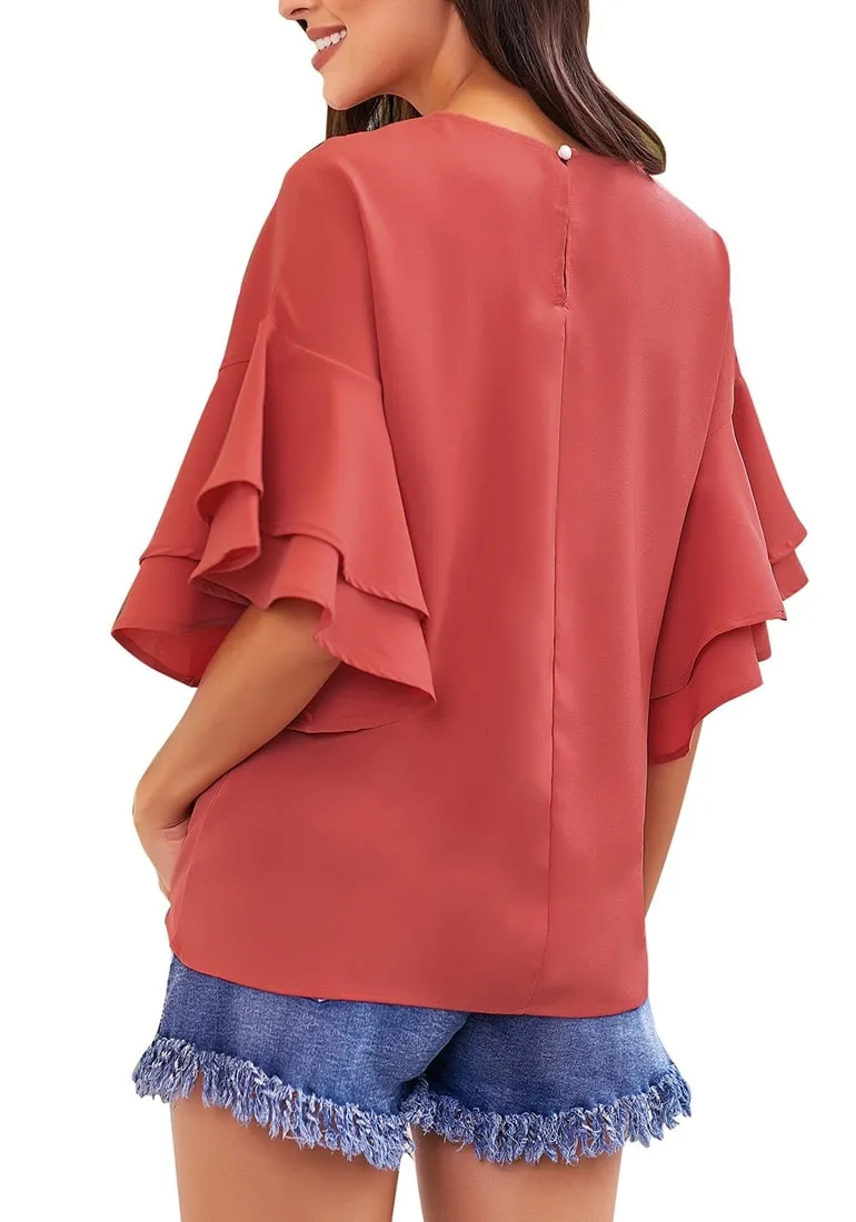 Rust Red Trumpet Sleeves Keyhole-Back Blouse