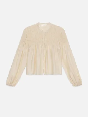 Smocked Collarless Blouse -- Champagne