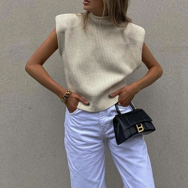 Solid Color Sleeveless Turtleneck Sweater