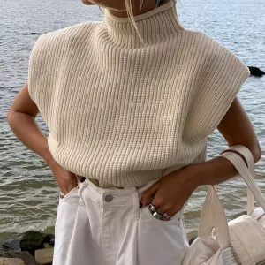 Solid Color Sleeveless Turtleneck Sweater