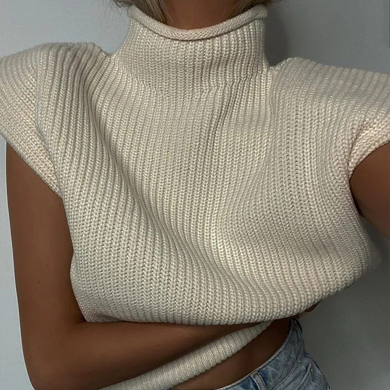 Solid Color Sleeveless Turtleneck Sweater