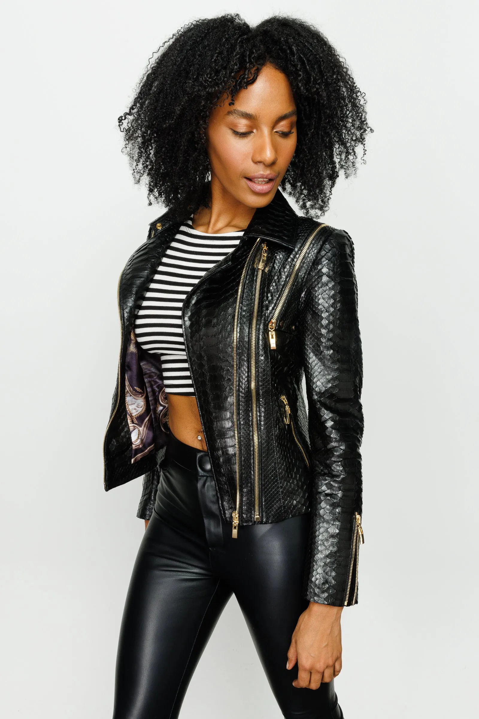 The Queen Pythn Skin Black Leather Women Jacket