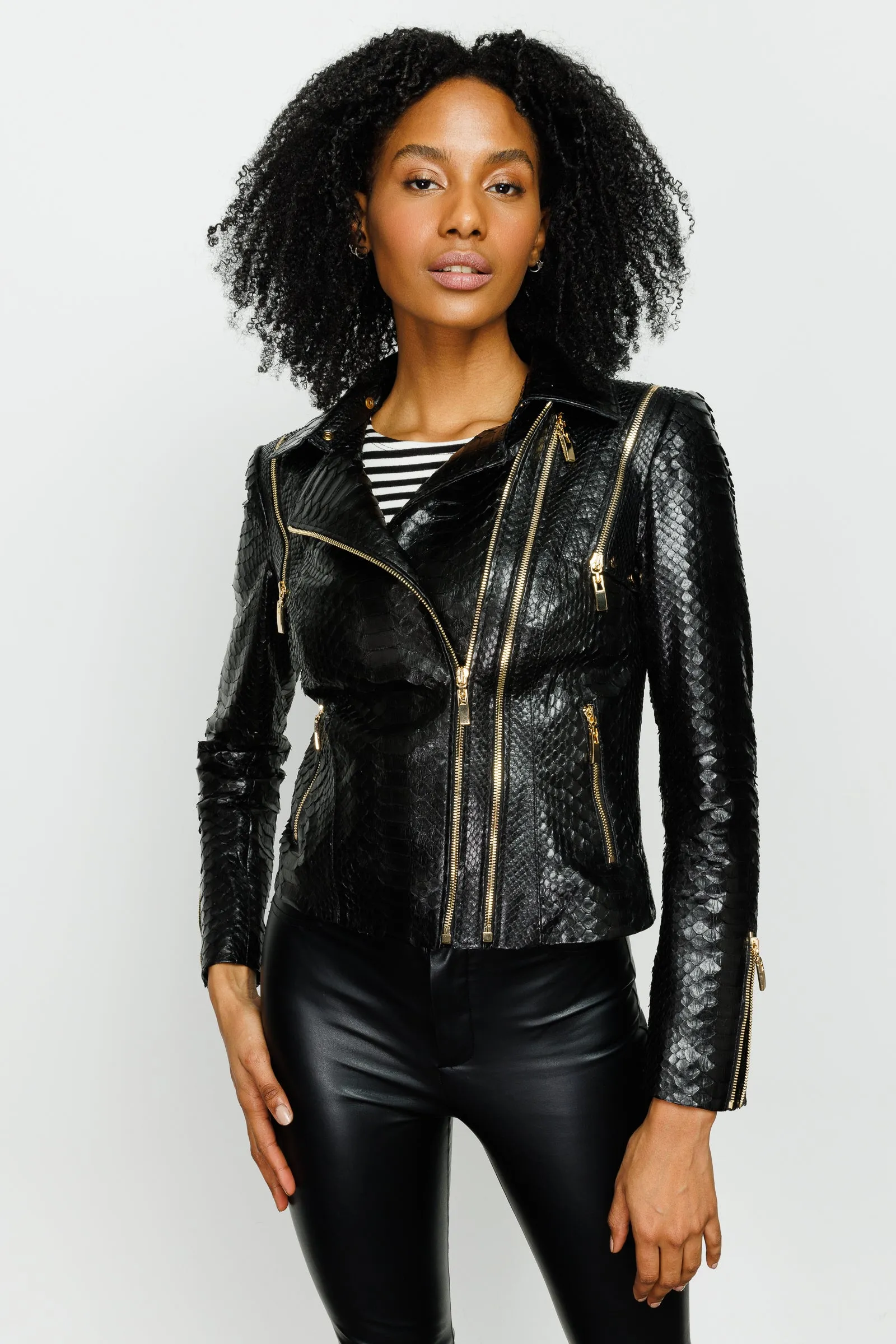 The Queen Pythn Skin Black Leather Women Jacket