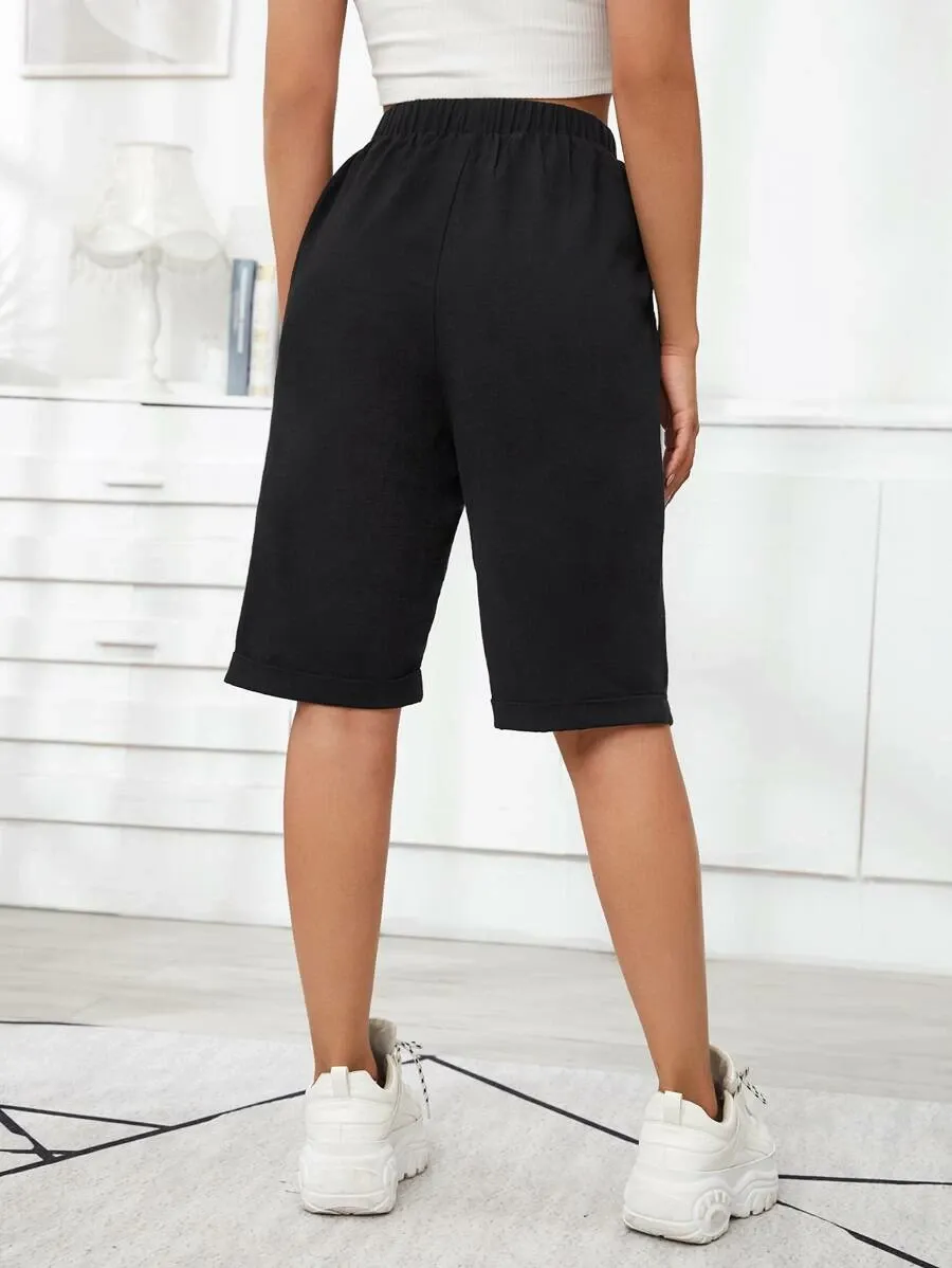 Tie Front Slant Pocket Cuffed Bermuda Shorts