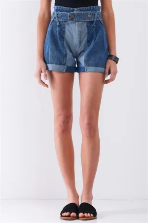 Two Tone Wash High-Waisted Cuffed Denim Mom Shorts