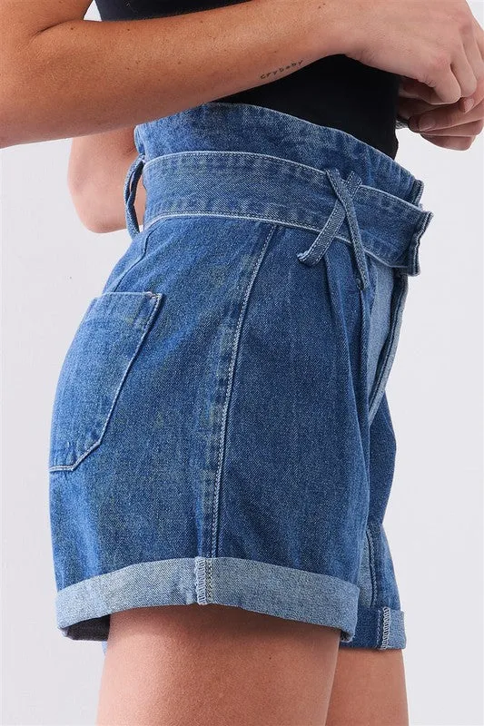 Two Tone Wash High-Waisted Cuffed Denim Mom Shorts